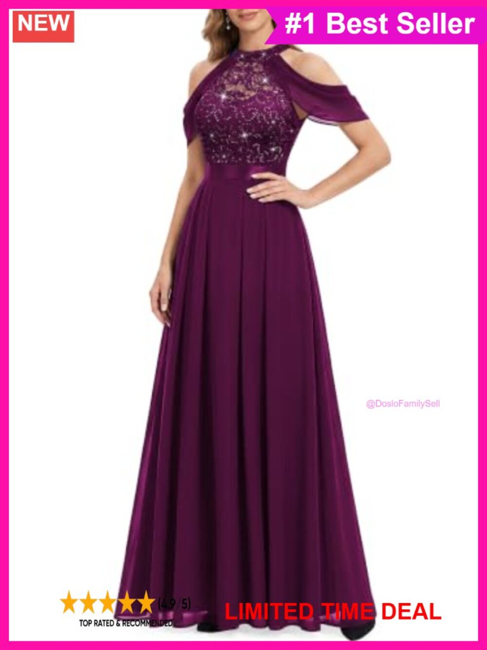 Lace Sequin Chiffon Maxi Bridesmaid Dress Cowl Neck Sleeveless Formal